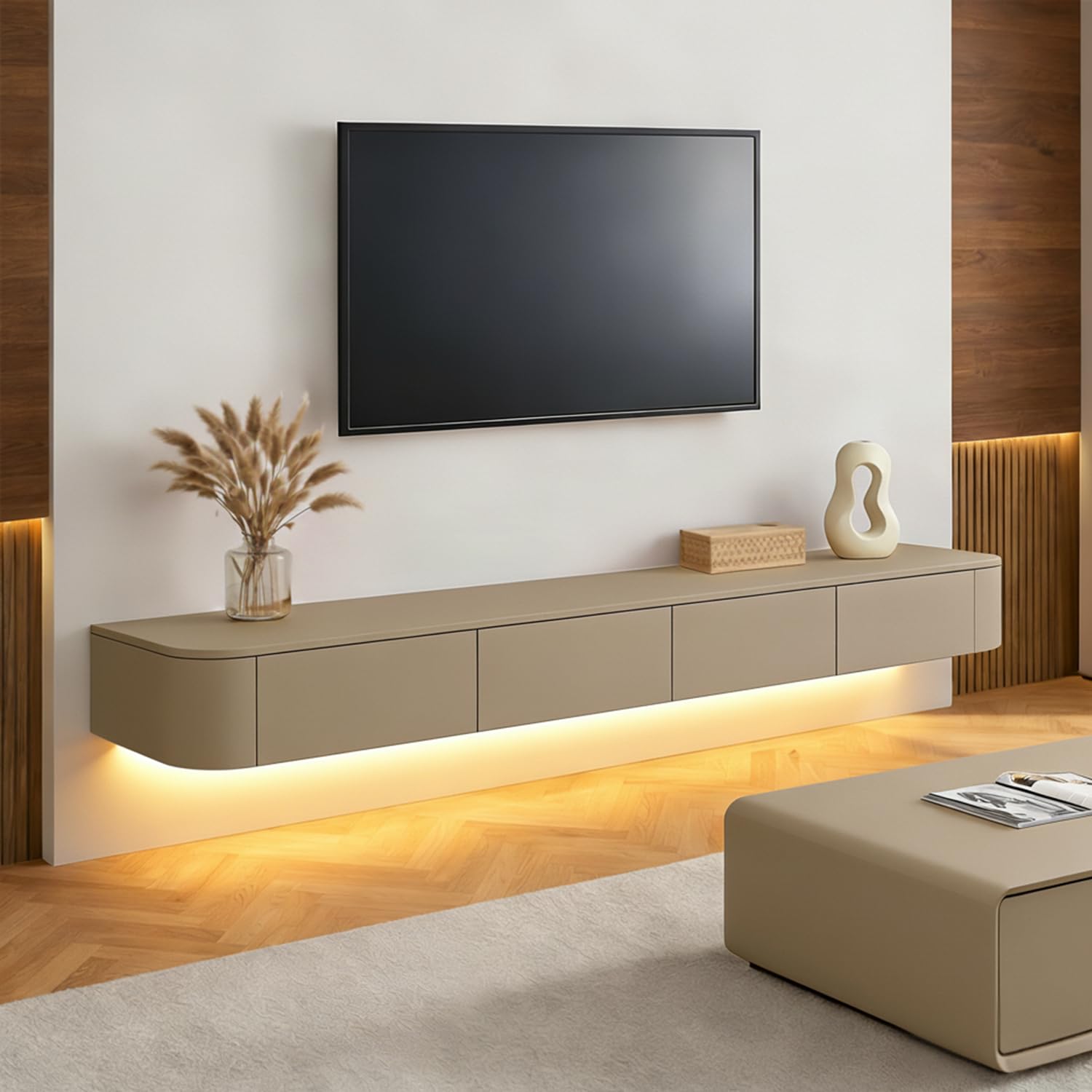Mueble TV Suspendido Moderna con luz LED | Consola de Medios de Entretenimiento Montada en la Pared | Banco de TV con Gran Capacidad de Almacenamiento para Sala de Estar y Oficina (Caqui, 220cm)