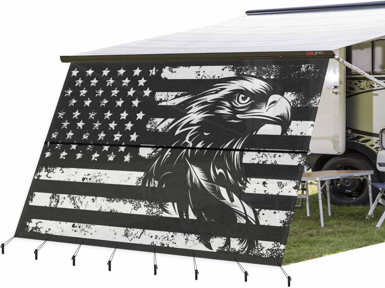 RV Awning Sun Shade Screen 9' x 15'3", Black Eagle 4th of July Mesh RV Awning Shades Complete Kits, Independence Day American Flag Sunlight Blocker Outdoor Canopy for Camping Trailer