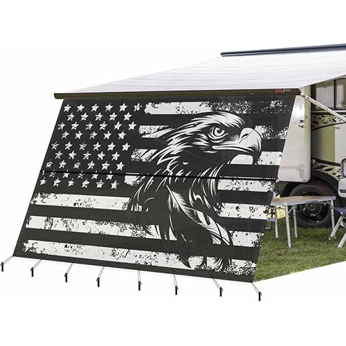 RV Awning Sun Shade Screen 9' x 15'3", Black Eagle 4th of July Mesh RV Awning Shades Complete Kits, Independence Day American Flag Sunlight Blocker Outdoor Canopy for Camping Trailer