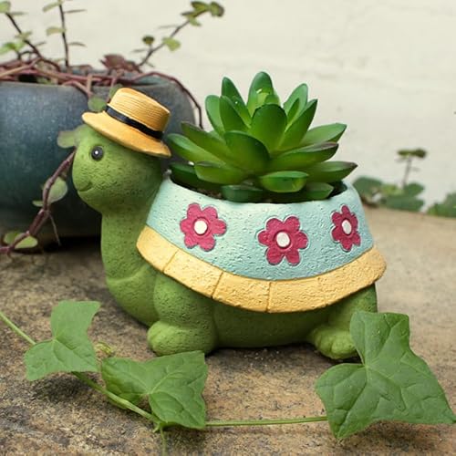BYVUTE Resin Succulent Pots, Cute Turtle with Hat Planter, Modern Plant Pots for House Plants, Succulents, Flowers, Cactus, for Indoors Outdoor Office Desktop Garden Home Decor
