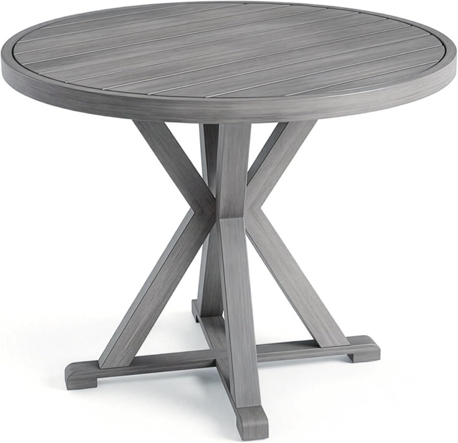 Martha Stewart Bedford 36" Round Indoor-Outdoor Aluminum Patio Dining Table with Trestle Base, Accommodates up to 4 Adults, Brushed Gray Woodgrain Finish