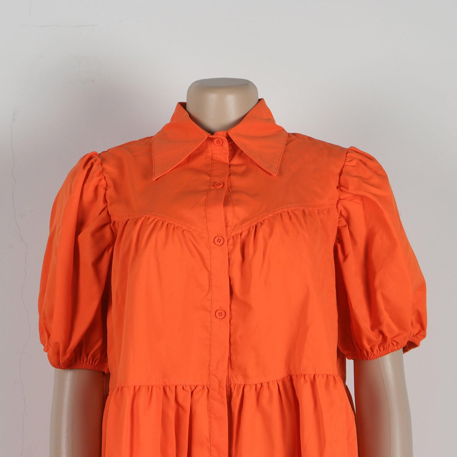 WOKANSE Women's Cute Babydoll Dresses 2024 Casual Loose Puff Sleeves Ruffle Hem Button Down Pleated Shirt Dress - Image 3