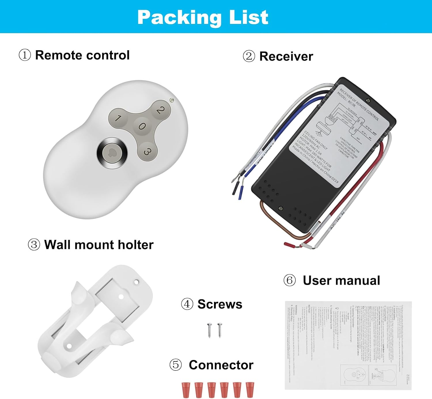 Universal Ceiling Fan Remote Control Kit, Compatible with Hunter, Harbor Breeze, Hampton Bay, 3-Speed Control with Dimmer, Works wtih Hunter 99122 99123 99600, Learn Key