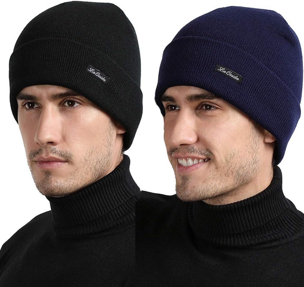 2 Pack Watch Cap Daily Knit Beanie - Warm, Stretchy & Soft Beanie Hats for Men & Women (Black+Navy)