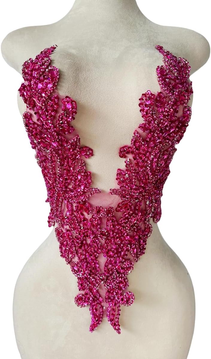 Pure Handsewing Rhinestones Applique Multicolor Patch DIY Craft Accessories for Girl Wedding Dress 14X20inches (Rose red)
