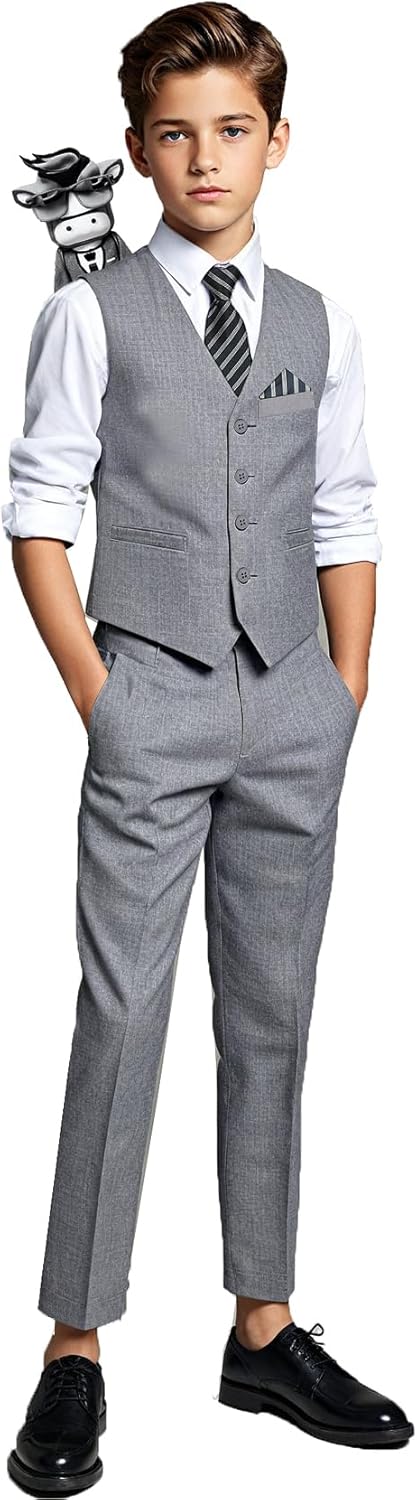 Black n Bianco Boys Five Piece Slim Fit Vest Suit with Tie, Shirt, Pants, Vest and Hanky. Style - 519
