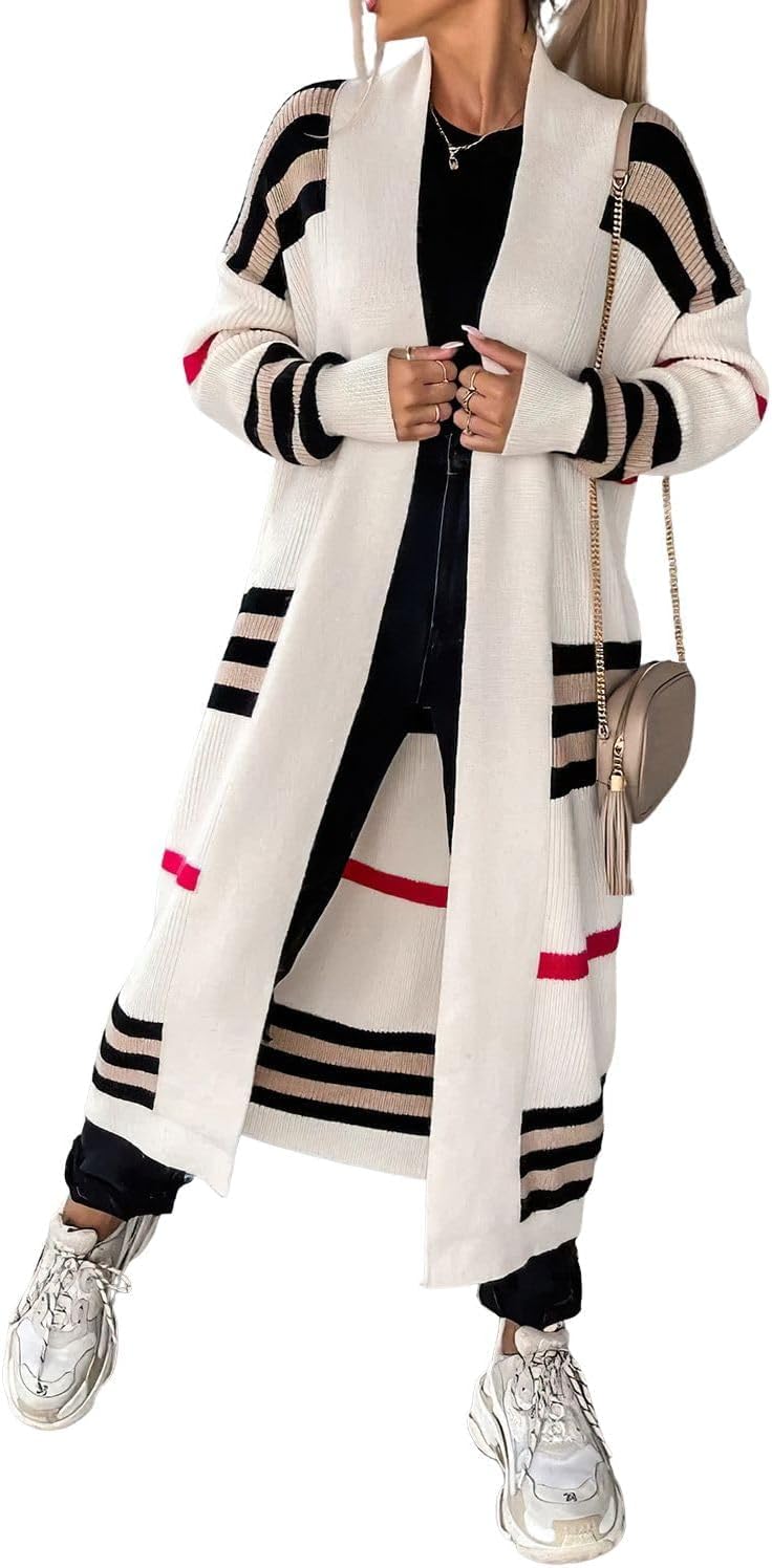 ebossy Women's Vintage Open Front Knit Striped Maxi Long Cardigan Sweater with Pockets