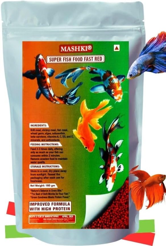 MASHKI 180 Gram Super Fish Food For Tropical Fish And Aquarium Fish For Growth Color & Health Enhancing Formula For All Stages Of Fish Food For Aquarium - Young Adult, Pellet