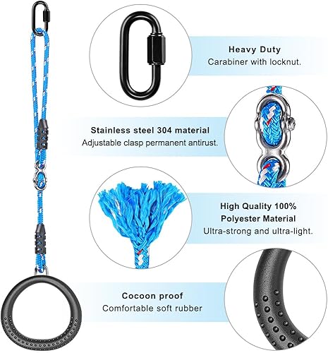 Vista 3 de SELEWARE Anillos de columpio de trapecio, anillos de gimnasia antideslizantes con cuerdas ajustables para gimnasio en casa, patio de recreo, Ninja
