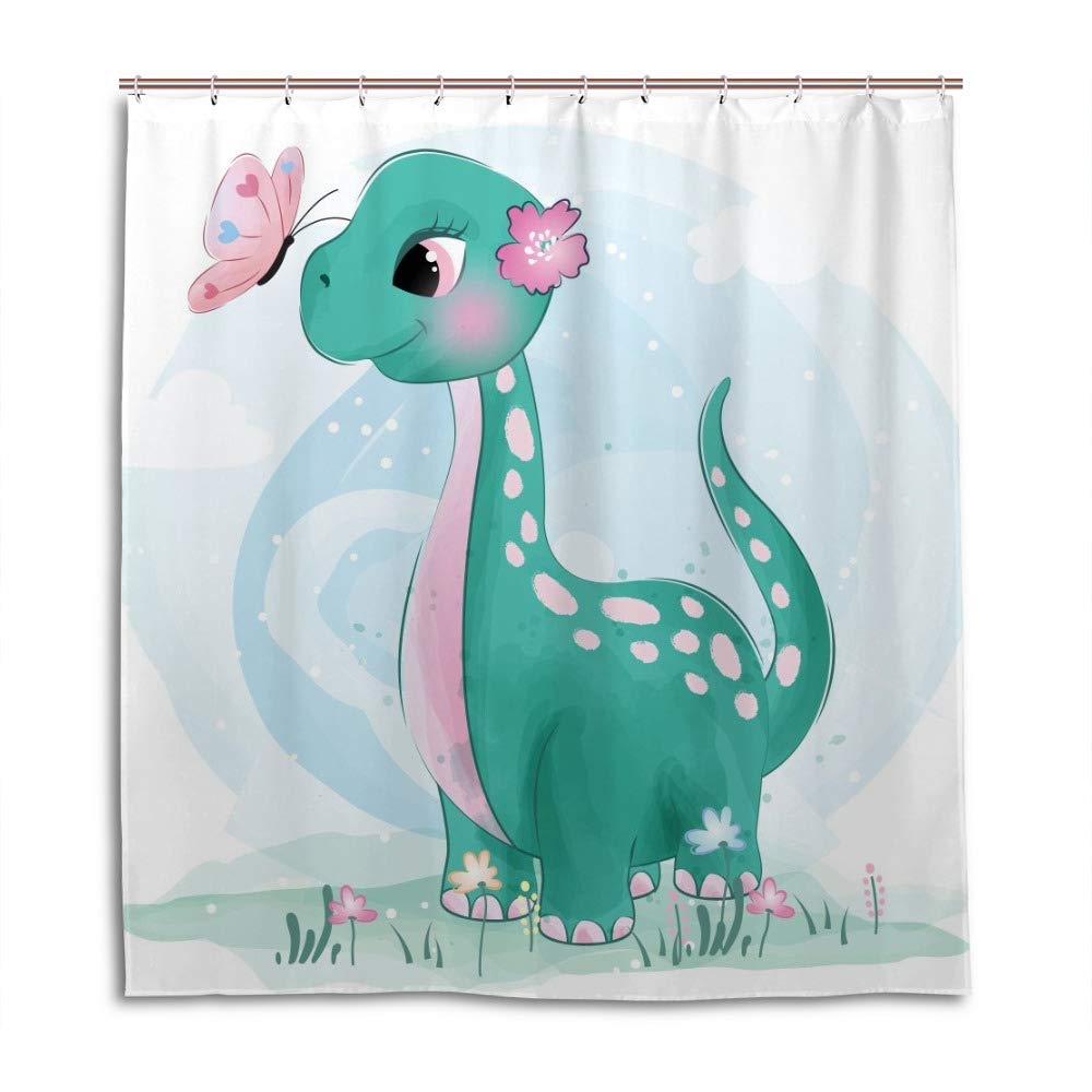 Rideau de douche dinosaures et papillons en polyester 180x180cm avec 12 crochets