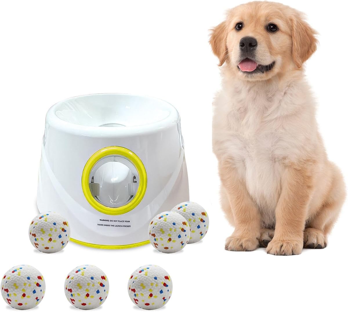 Lanzador automático de bolas para perros, el lanzador de bolas mejorado, distancia ajustable de 20 a 45 pies, incluye 6 bolas de ETPU de 2,3 pulgadas, juguetes interactivos para perros adecuados para perros pequeños a medianos