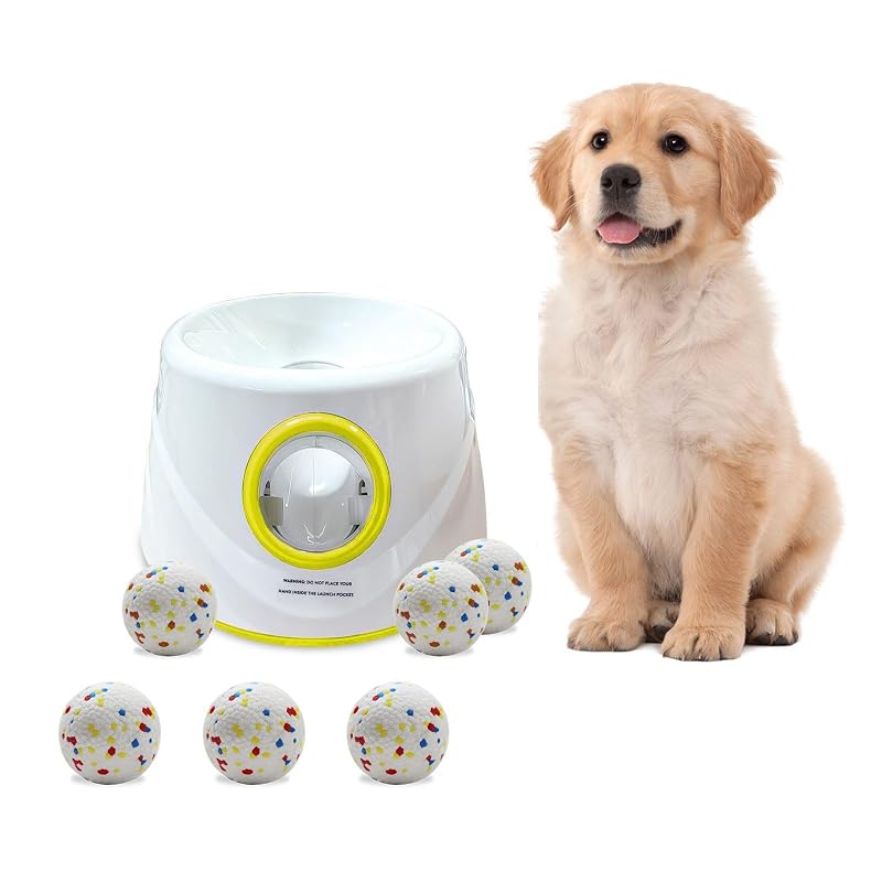 Lançador automático de bolas para cães com distância ajustável Mloowa, amarelo, com 6 bolas de 5,84 cm