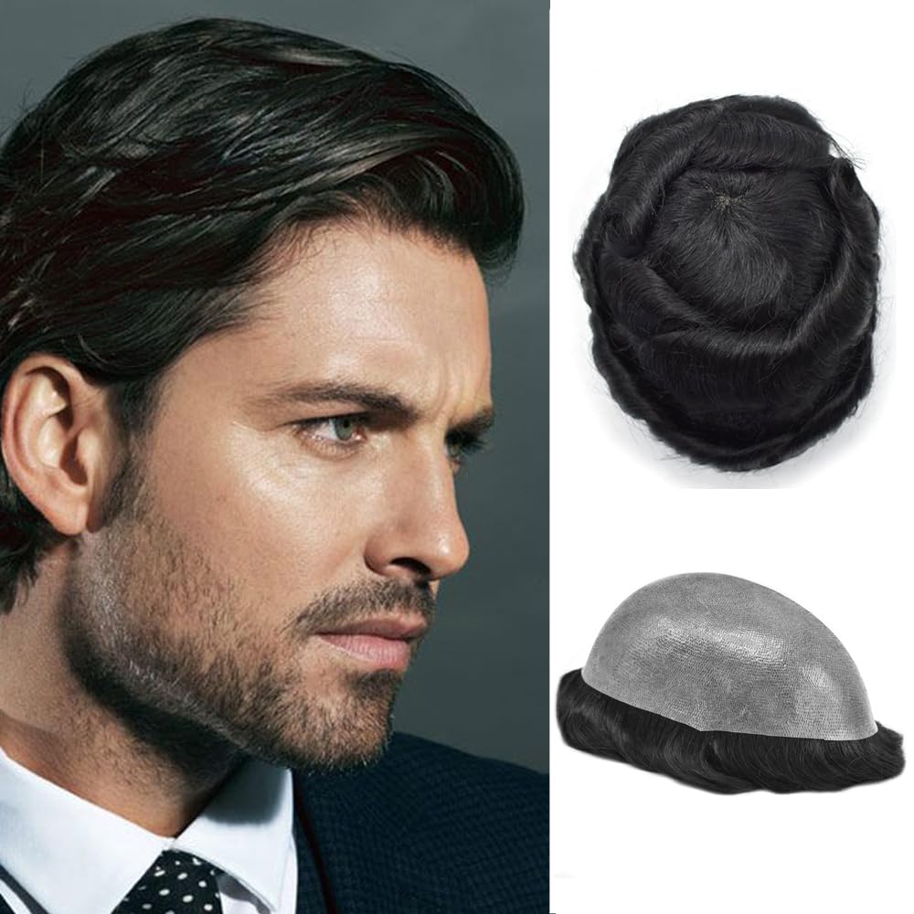 Toupee For Men Real Human Hair Durable Invisible Real Hair Toupee Mens Hairpiece Full Skin Clear Poly PAPY Hair System Toupee (8x10''-120% medium light to medium density, 1B# OFF BLACK)