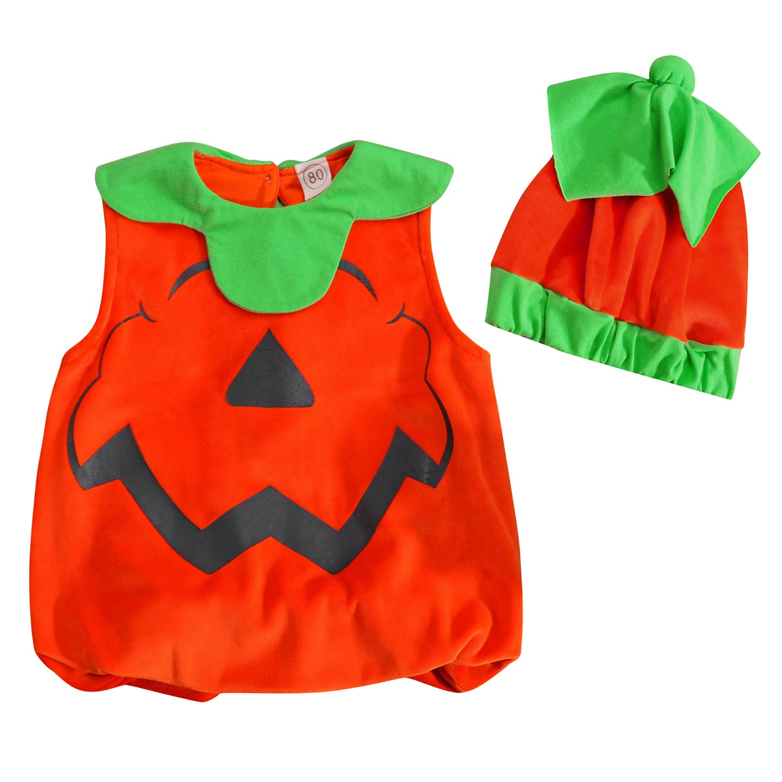 Infant Halloween Outfits Baby Boys Girls Sleeveless Round Neck Pumpkin Pullover Tank Top+Color Block Hat