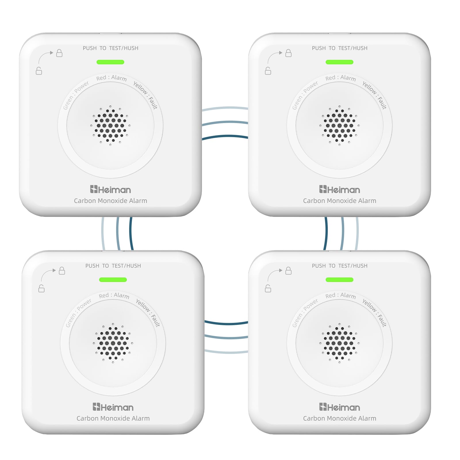 HEIMAN Funkvernetzter CO-Melder Vernetzt - Einer Erkennt, Alle Sind Alarmiert, CO Alarm Kohlenmonoxid 10 Jahre Sensor - Batterien austauschbar 85 dB Kohlenmonoxidmelder für Zuhause (4 Stück)