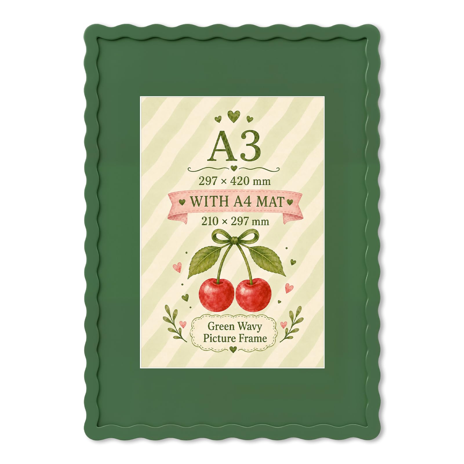 Wavy Edge MDF Picture Frame A3 Size with A4 Mat, Wall Mount Display, Green