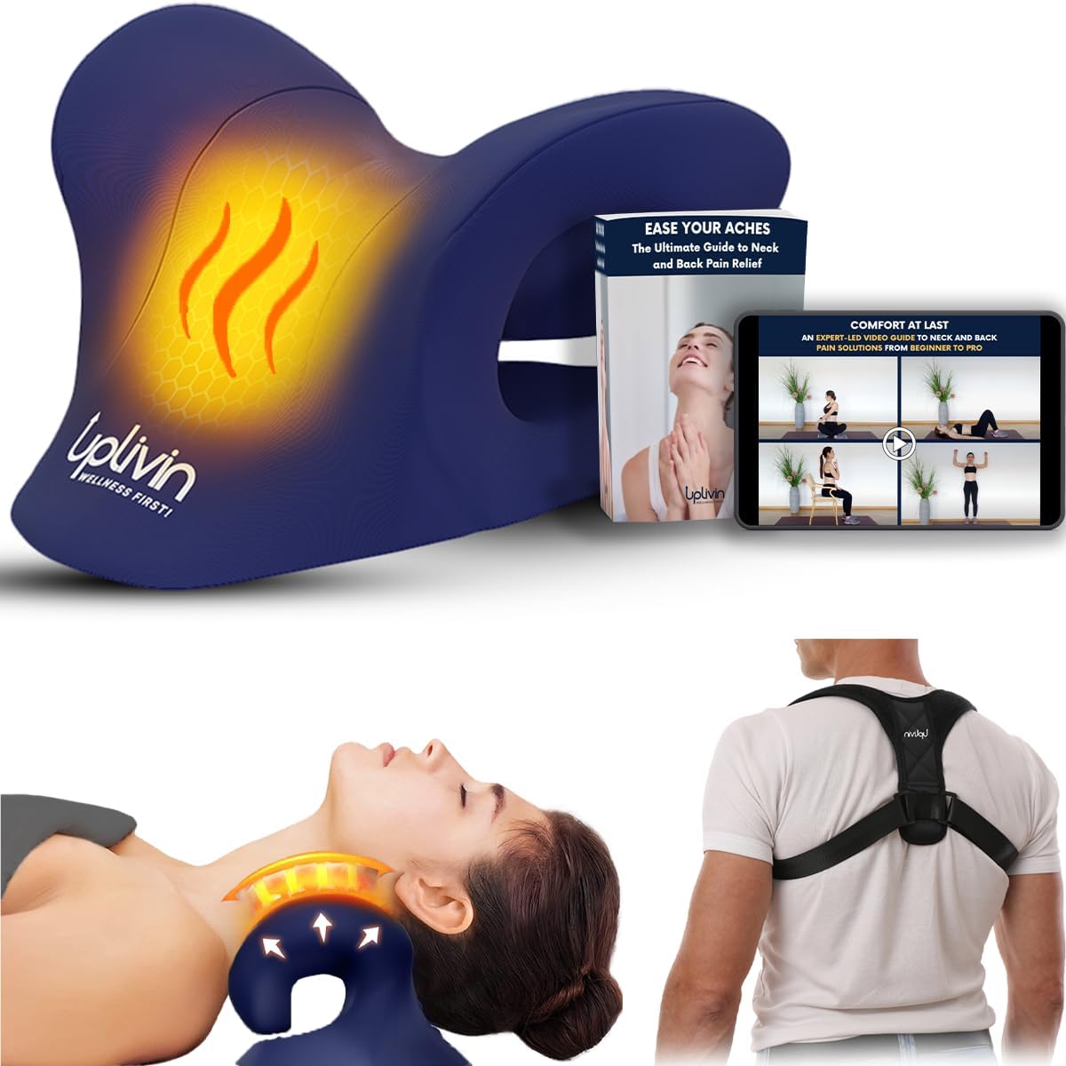 Neck Stretcher for Pain Relief- Heated Neck Stretcher for Muscle Relaxation | Posture Corrector for Neck Hump Corrector | Self Care Gifts with Posture Corrector, Ebook Video Guide