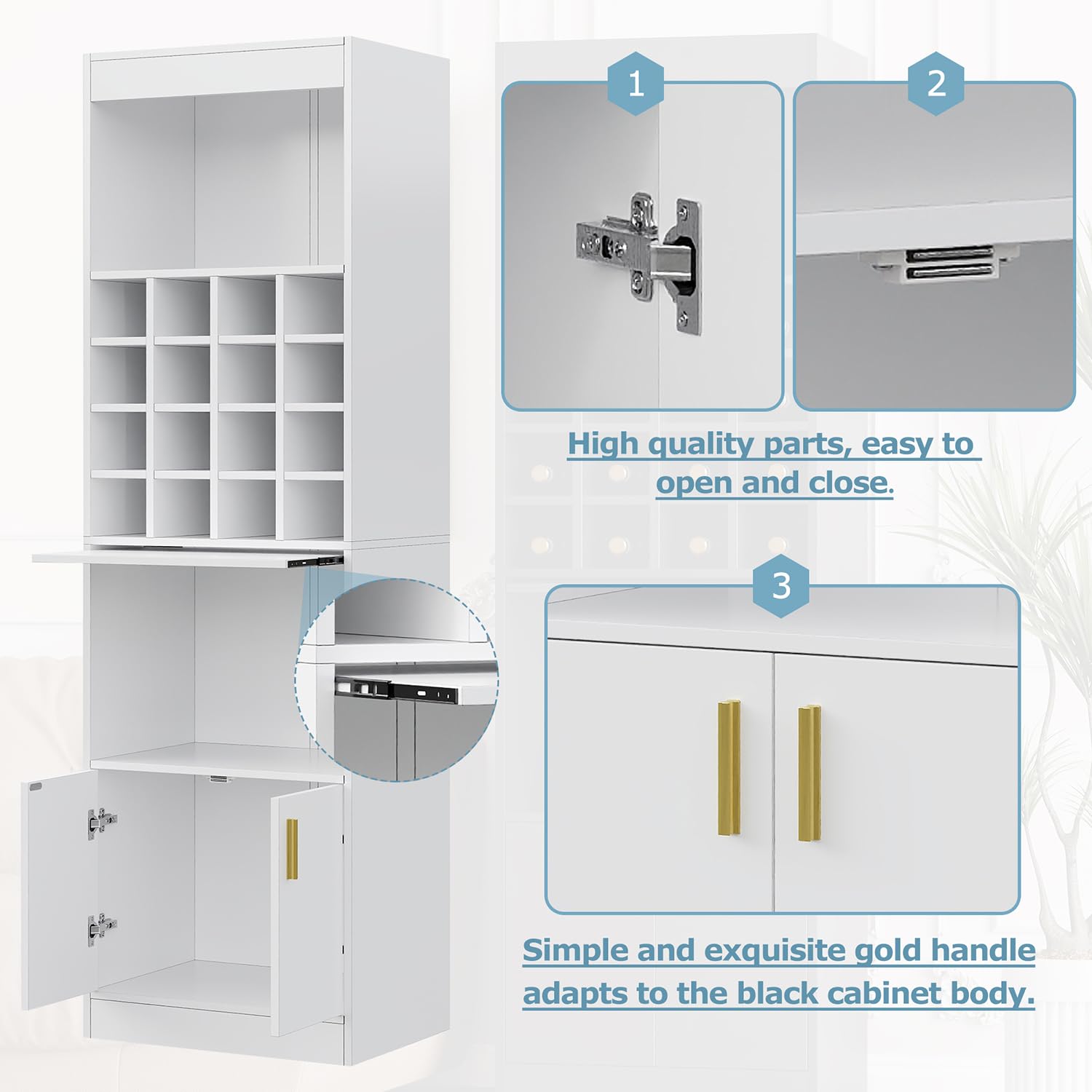 Armario de cocina 180 x 50 x 40 cm, armario de vitrina con 2 puertas, armario alto con 16 compartimentos para vino, estantería para salón, comedor (blanco)