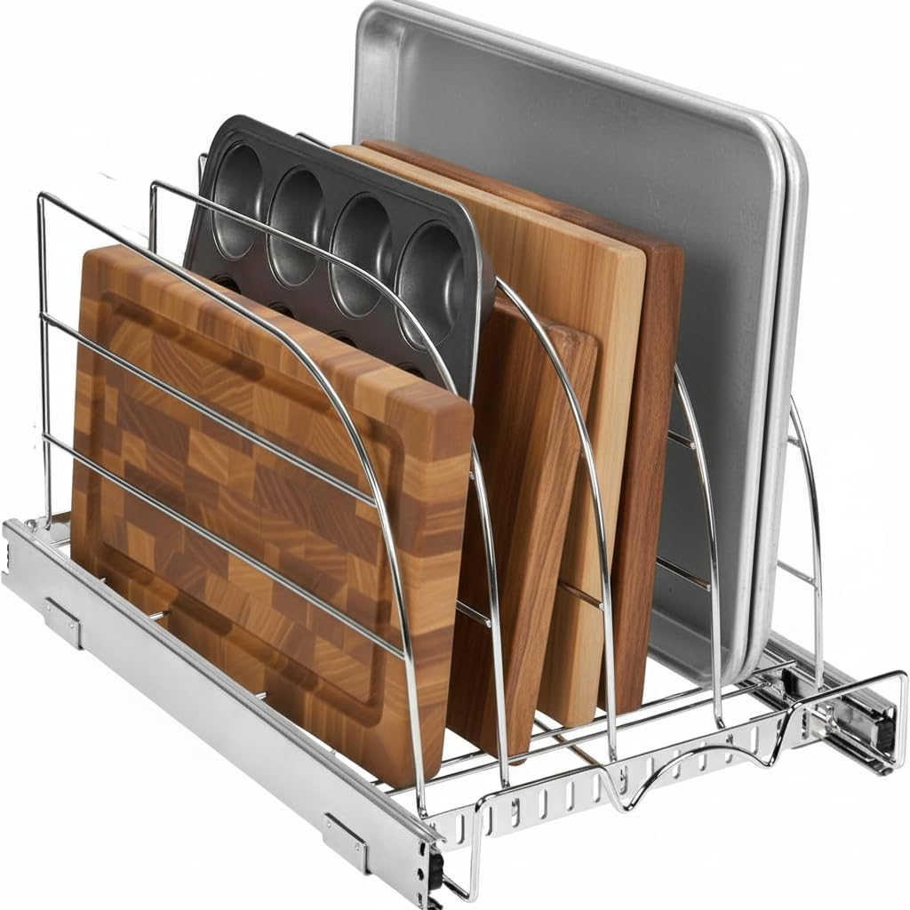 HOLDN’ STORAGE Pull Out Organizer for Bakeware, Cutting Board and Trays, Adjustable Dividers - Heavy Duty, Lifetime Limited Warranty - For Narrow Cabinet Spaces, 12.5”W x 21”D x 11”H, Chrome 12.5" W x 21" D