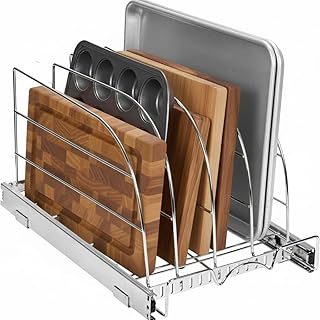 HOLDN’ STORAGE Pull Out Organizer for Bakeware, Cutting Board and Trays, Adjustable Dividers - Heavy Duty, Lifetime Limited Warranty - For Narrow Cabinet Spaces, 12.5”W x 21”D x 11”H, Chrome