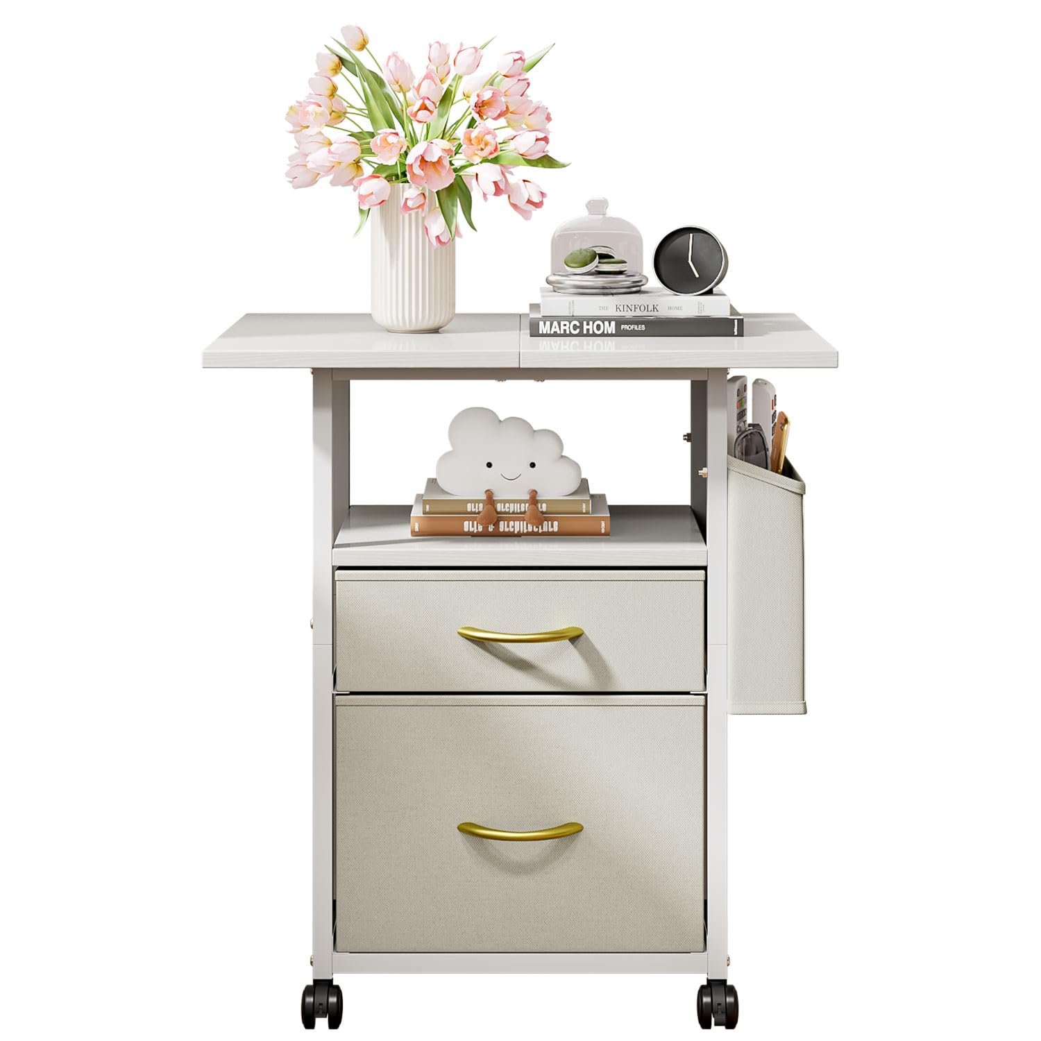 Wooruy Printer Stand with 2 Fabric Drawers Mobile File Cabinet,End Table On Wheel Slim Bedside Table with Side Bag,Nightstand Coffee Tables for Living Room,Bedroom,23.6x15x27.8inch(White)