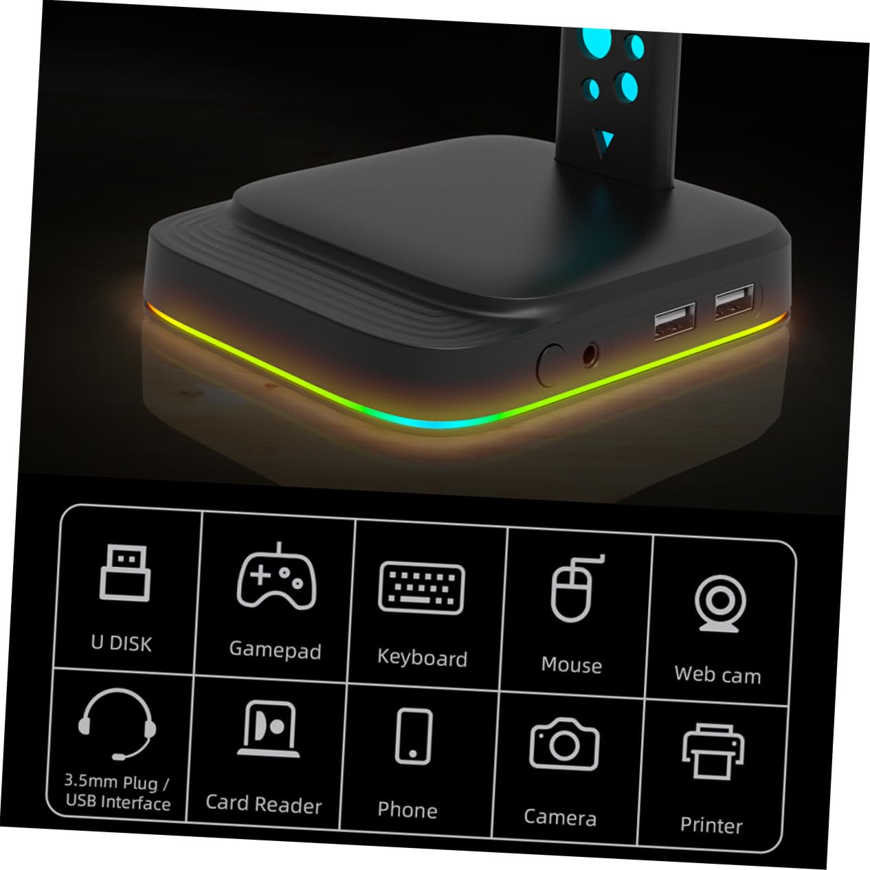 Soporte Multipropósito Auriculares Gaming Concentrador para Luz RGB LED de Juegos USB y Diseño de Abs para Escritorio y PC
