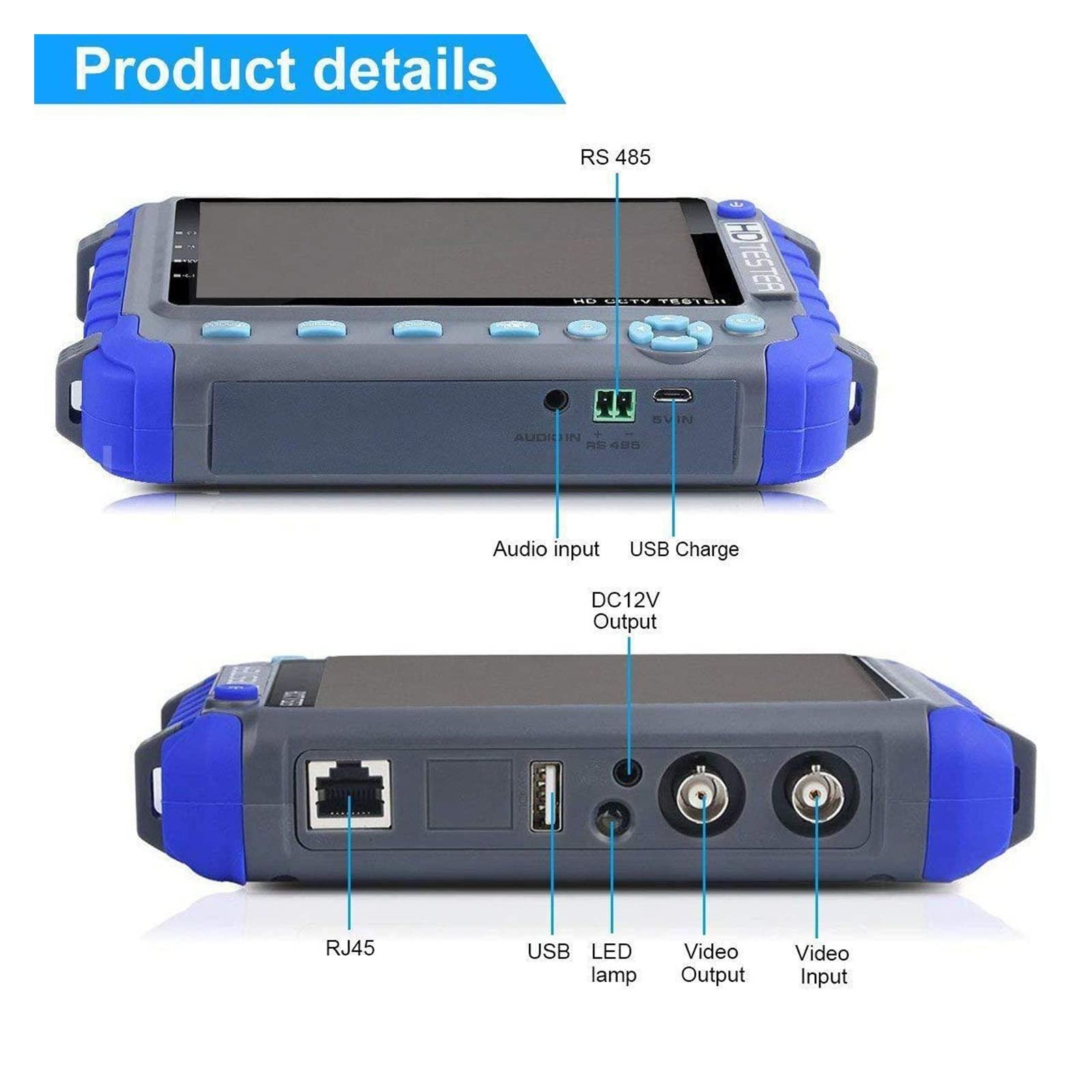 Tester CCTV 4 in 1 da 5 pollici, tester for videosorveglianza AHD TVI CVI Supporta 8MP, tester CCTV portatile for telecamera con uscita DC12V