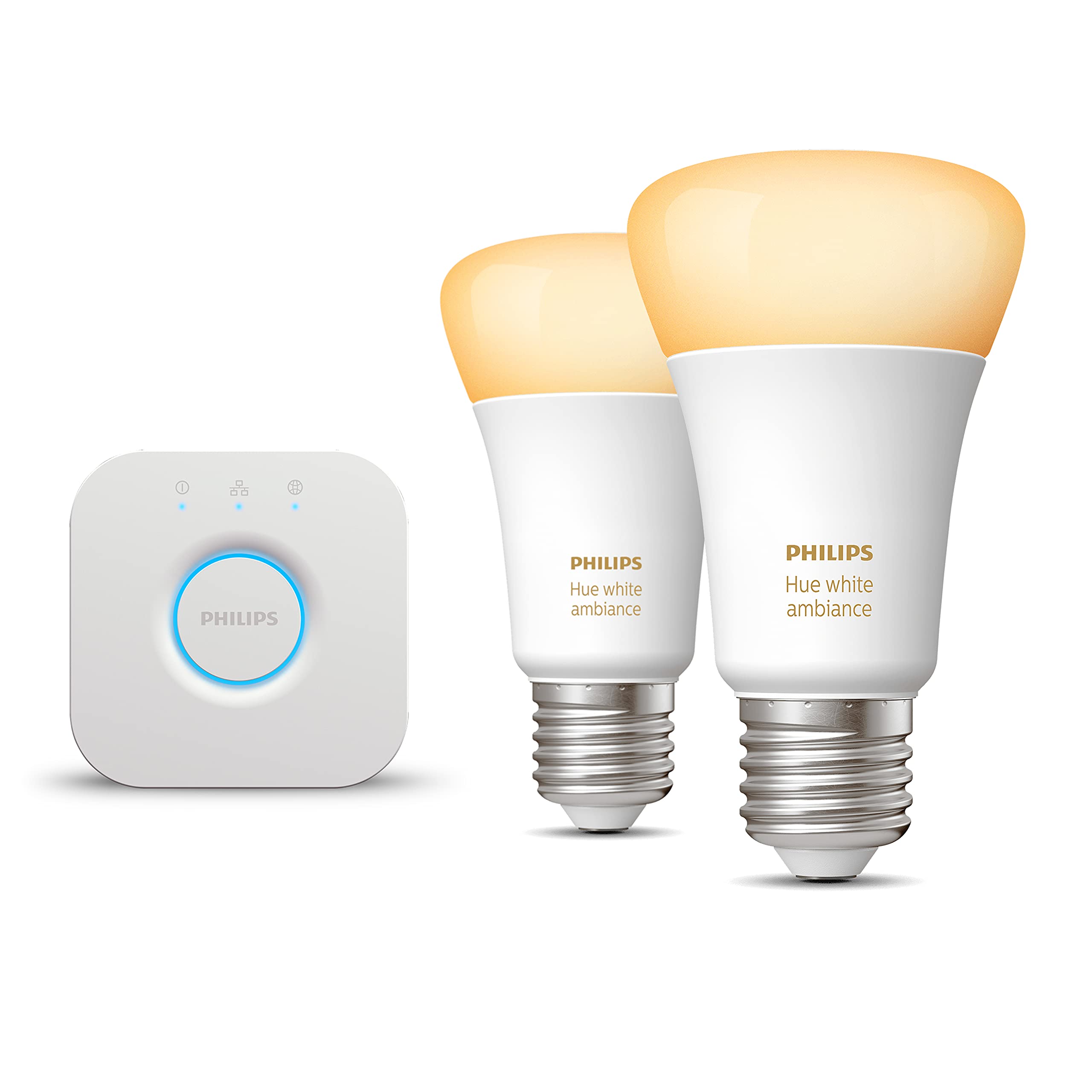 Philips Hue Starterpaket - E27 - mit 2 Standard Lampen - Warm bis Kaltweißes Licht - inkl. 1 Hue Bridge - Hue White Ambiance