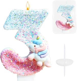 Unicorn Birthday Cake Candle, Pastel Unicorn Number 3 Cake Topper, Pastel Glitter 3rd Birthdays Candle, 2.76 inches Happy Birthday Candles, Cake Topper for 3rd Girl Party