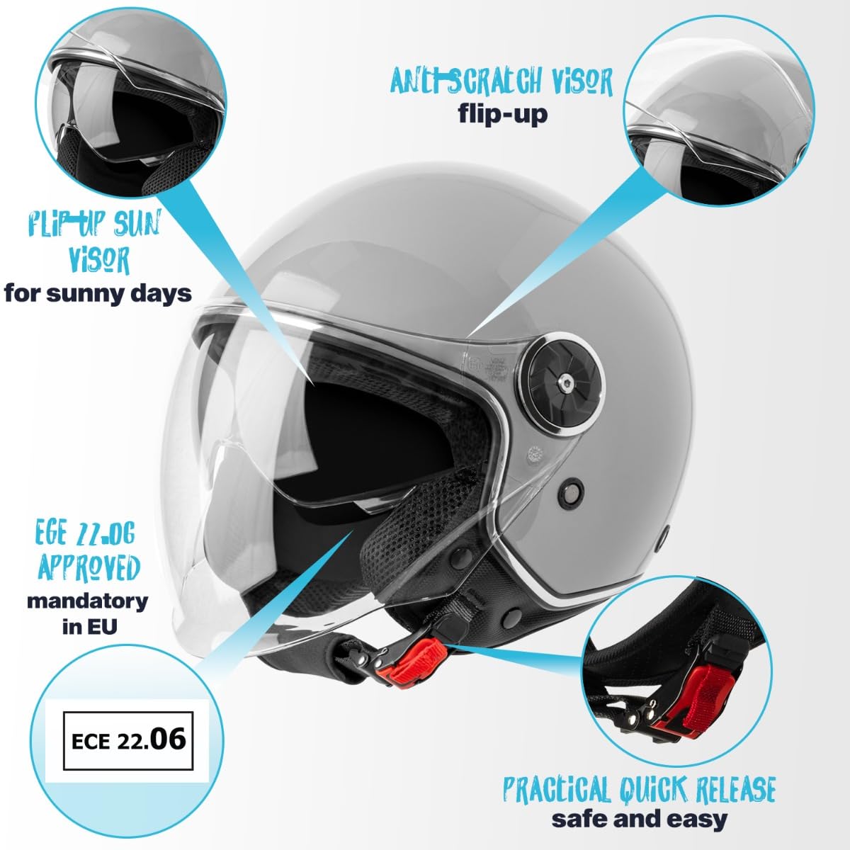 VINZ Tobia Casque Jet avec Visière Solaire et Visière | Casque de Scooter Moto / Vintage | Certifié ECE 22.06 | Tailles XS-XXL