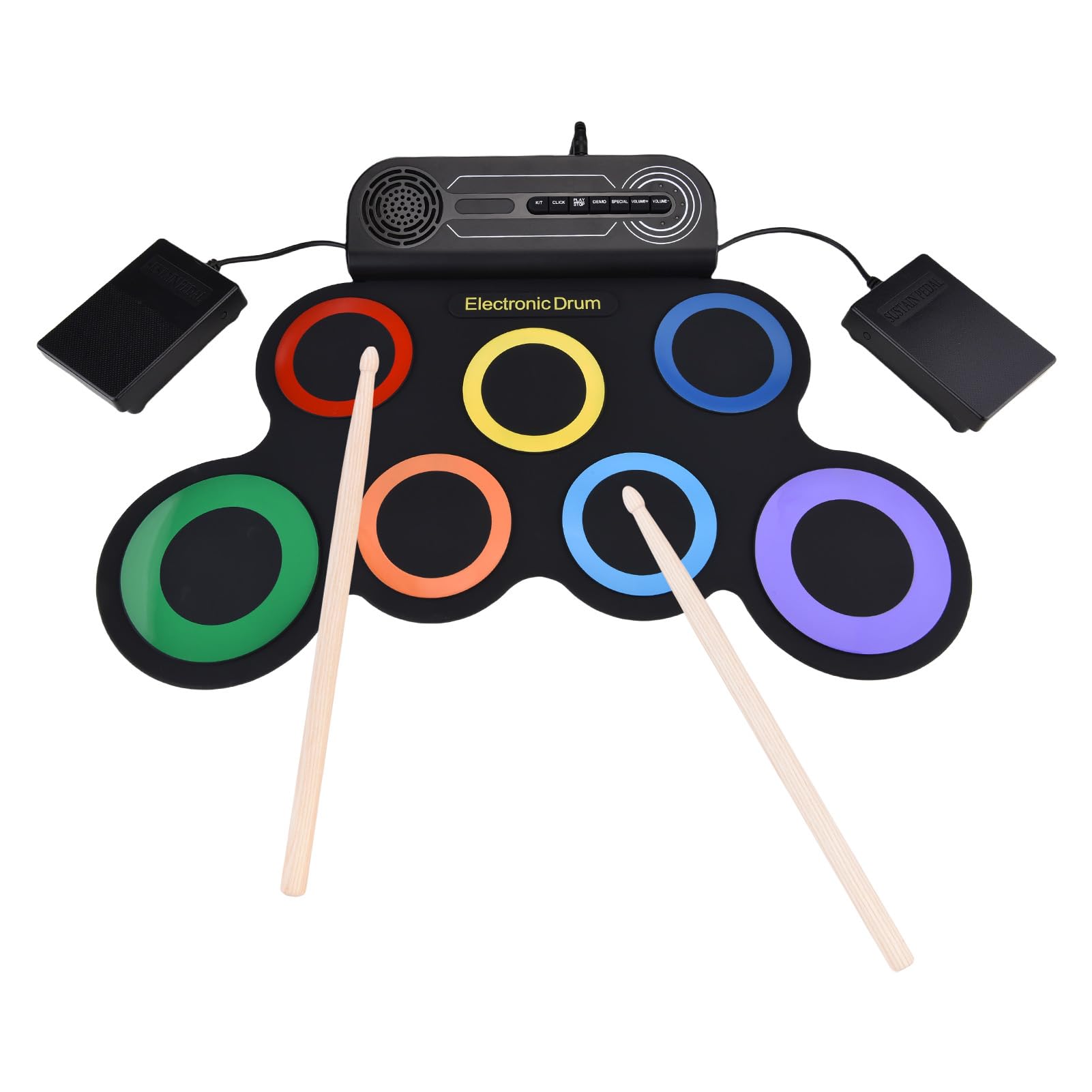 Focket Set di Tamburi Elettrici, Kit di Batteria Elettronico Ricaricabile Ricaricabile con Pedale per Musica Latina Pop Rock, Set di Tamburi Desktop Portatile per Principianti (Colorful)