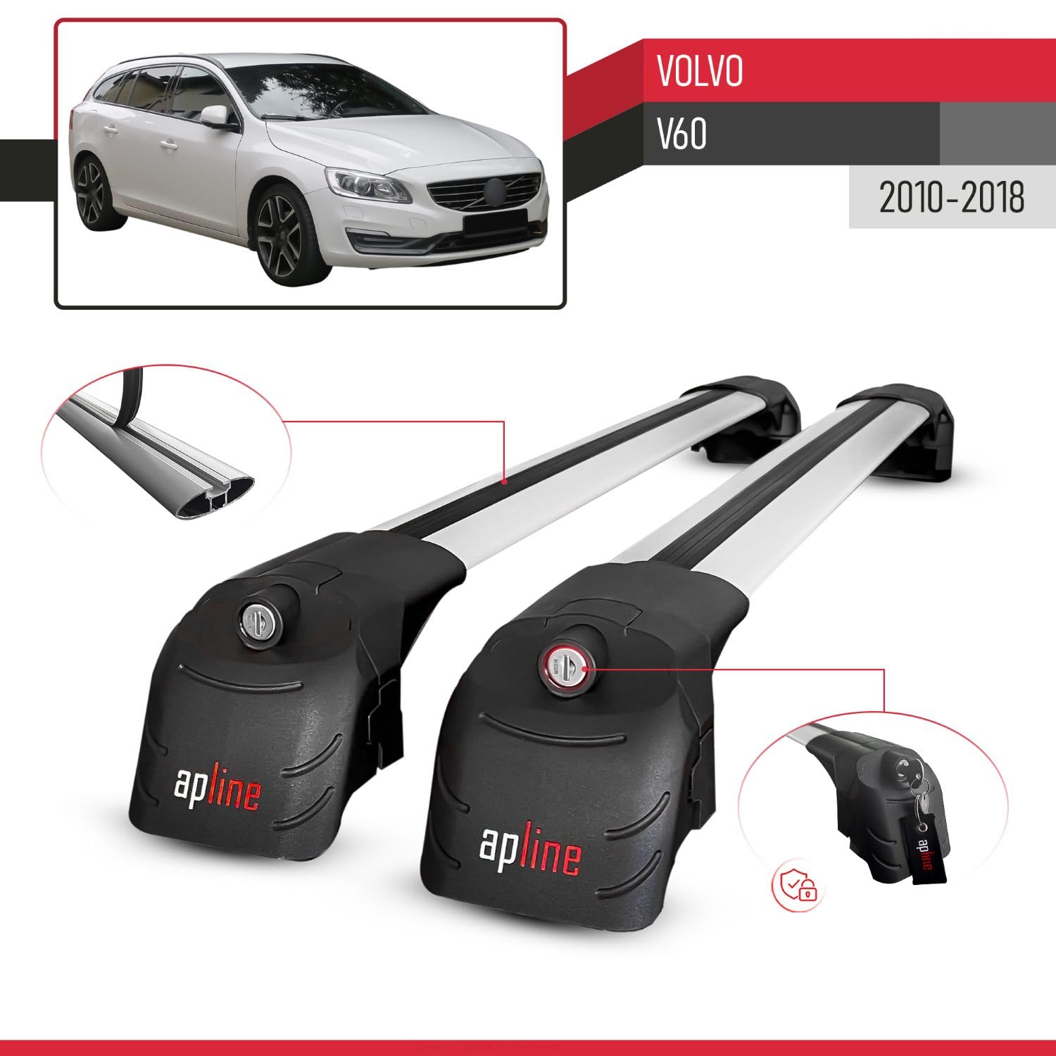Compatible avec Volvo V60 2010-2018 ACE-2 modèle Barres de Toit Railing Porte-Bagages de Voiture Gris Aluminium Barres