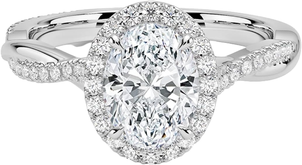 1-2 CT Moissanite Engagement Ring For Womens, Halo & Twist Band Design In Silver, 10K 14K 18K Rose White Yellow Gold Or 950 Platinum, Valentine & Proposal Gift For Her