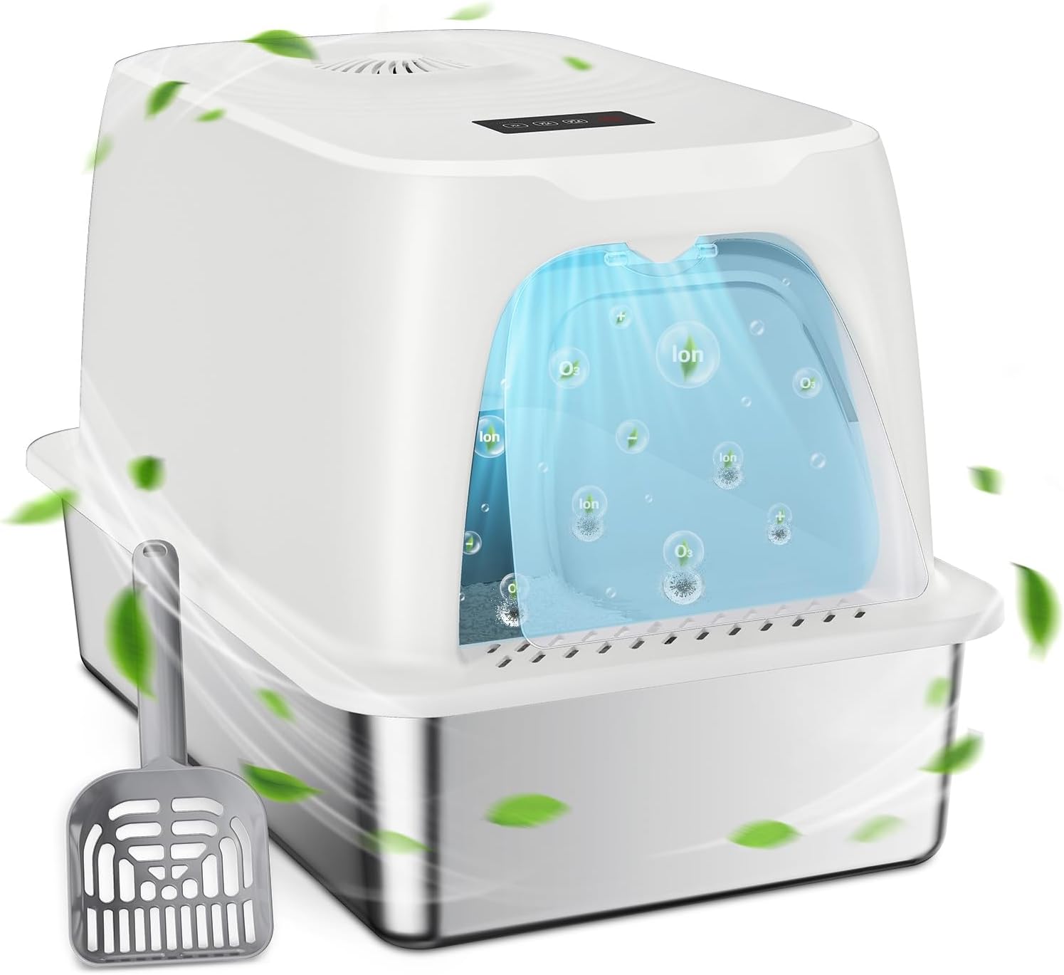 Odor Removal Stainless Steel Litter Box, Plasma Odor Eliminator for 97% Strong Odor, 23.7" x 15.8" x 16.1", Covered Cat Litter Box Deodorizer for Big Cats, Metal Litter Box, Anti-Urine Leakage White