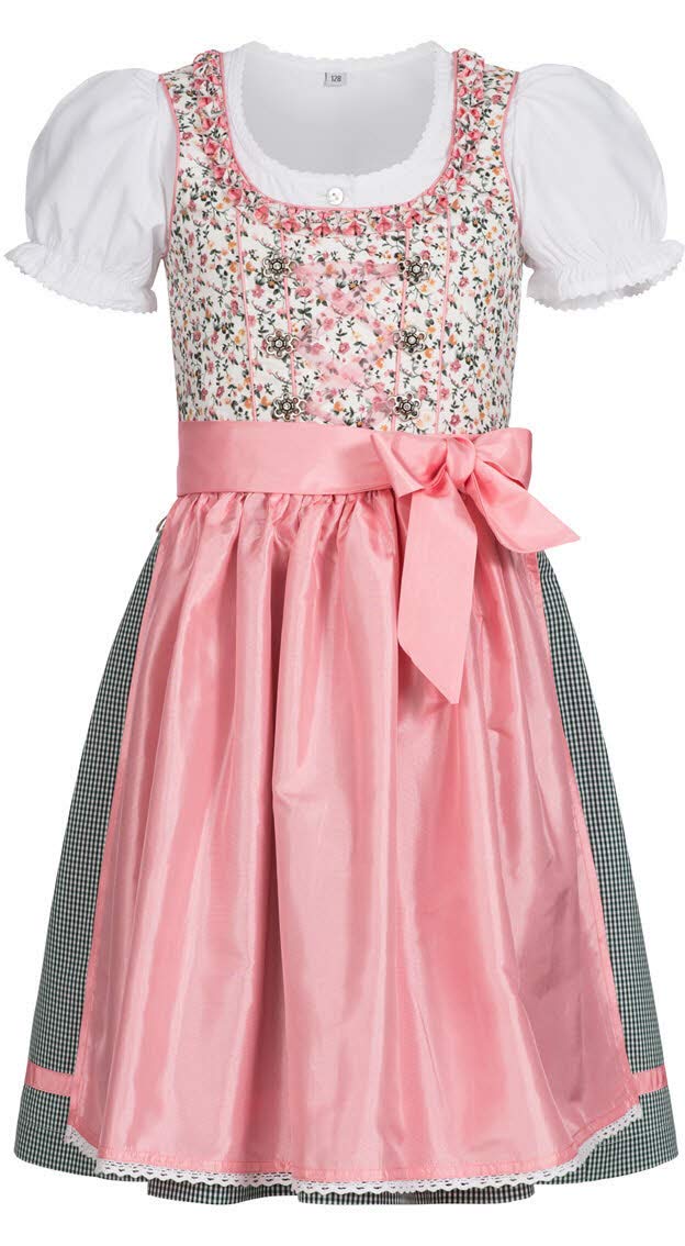 Nübler Dirndl Mädchen NINA - 3-teiliges Set mit Dirndlkleid, Trachtenbluse & Schürze im traditionellen Stil - Original bayerische Tracht, Hochwertige Qualität, Weiß-Rosa