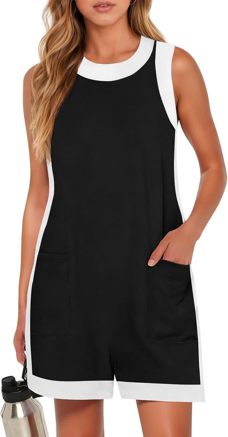 Yousify Women's Summer Casual Rompers Color Block Sleeveless Crewneck Jumpsuit Cotton Loose Shorts Overalls with Pockets