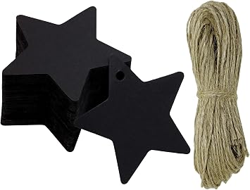 Tupalizy Star Gift Tags Blank Paper Hang Tags Labels with String for Gifts Bags Presents Bridal Shower Christmas Wedding Holiday Party Favors Jars Cans DIY Art Crafts Business, 90PCSBlack