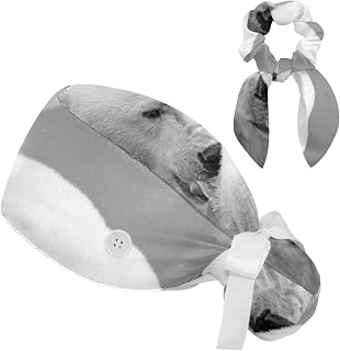 FVQL 2 Pieces Surgical Cap for Long Hair Scrub Cap with Hairband Nurse Cap, Funny Animal Polar Bear Pattern