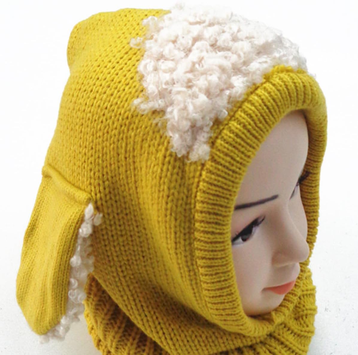 Dog Design Knitted Woolen Coif Hat Scarf Set for Winter Yellow