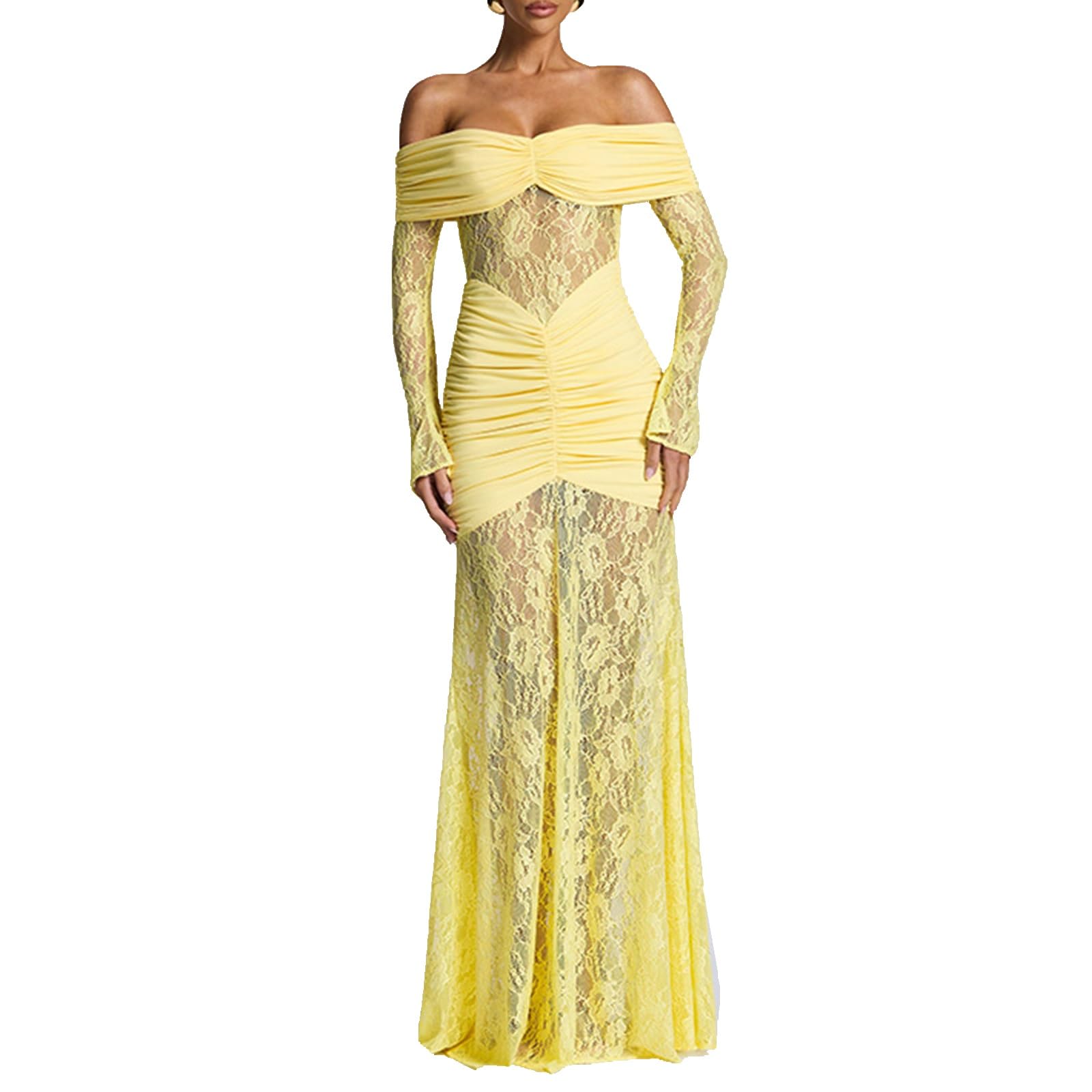 Robe Sirène en Dentelle Jaune, Épaules Dénudées, Taille Froncée, Ourlet en Dentelle Transparente, Idéale pour Les Dîners et Les Soirées