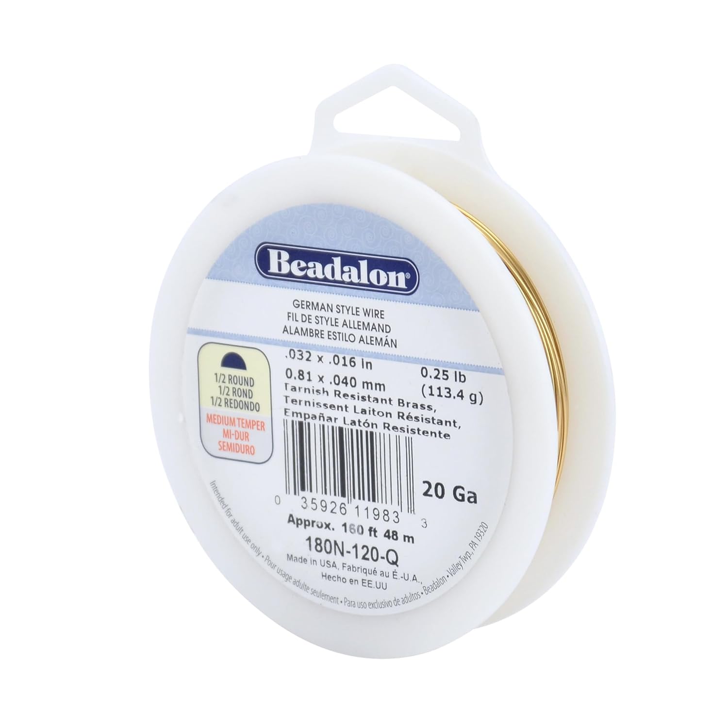 Beadalon German Style Wrapping Wire, Half Round, Tarnish Resistant Brass, 20 Gauge, 63 ft