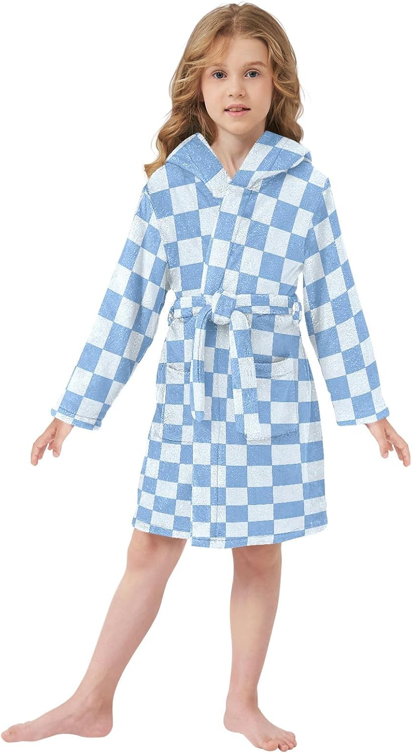 Blue Check Pattern Toddler Hooded Bathrobe for Boys Girls Soft Plush Bath Towel Robe 2-12 Years