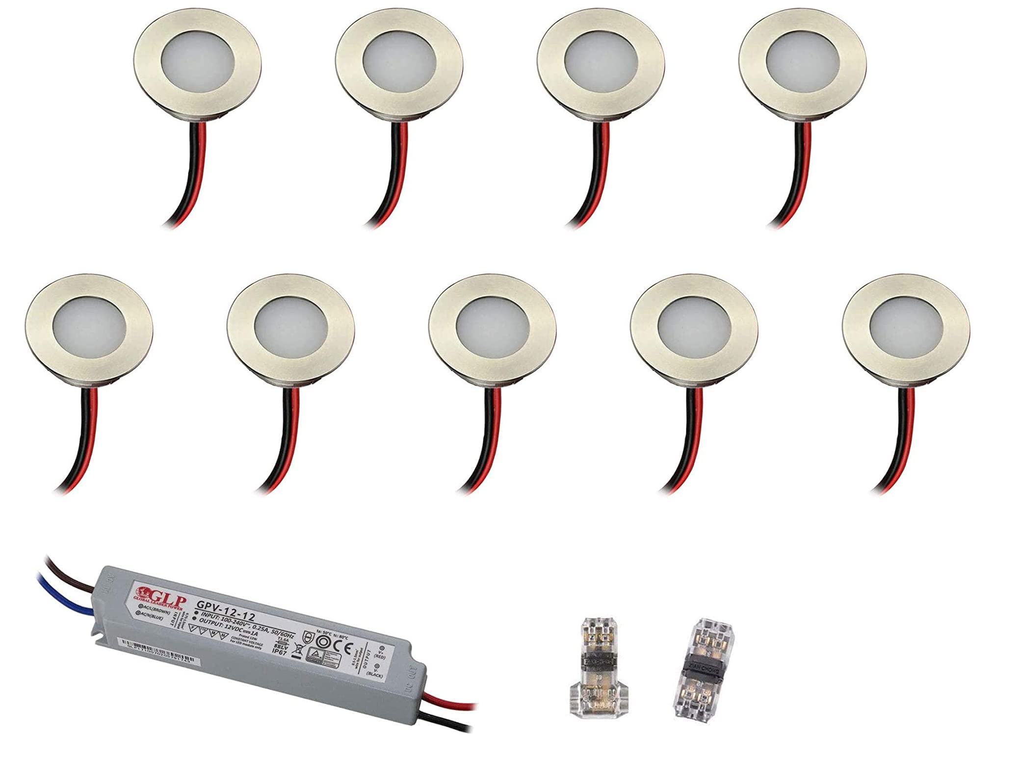 VBLED® LED Mini Bad-Einbauleuchte 9er KIT, rostfreier Edelstahl, IP67 wassergeschütz (starkregensicher), 0,3W, 15 lm, WW (3000K) (9er Set WW mit Trafo 12V, 12W IP67)…