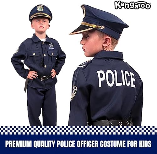 Miniatura 4 de Kangaroo Disfraz de policía para niños, sombrero de policía, camisa, pantalones, cinturón, funda y silbato, disfraz de policía para niños y niñas
