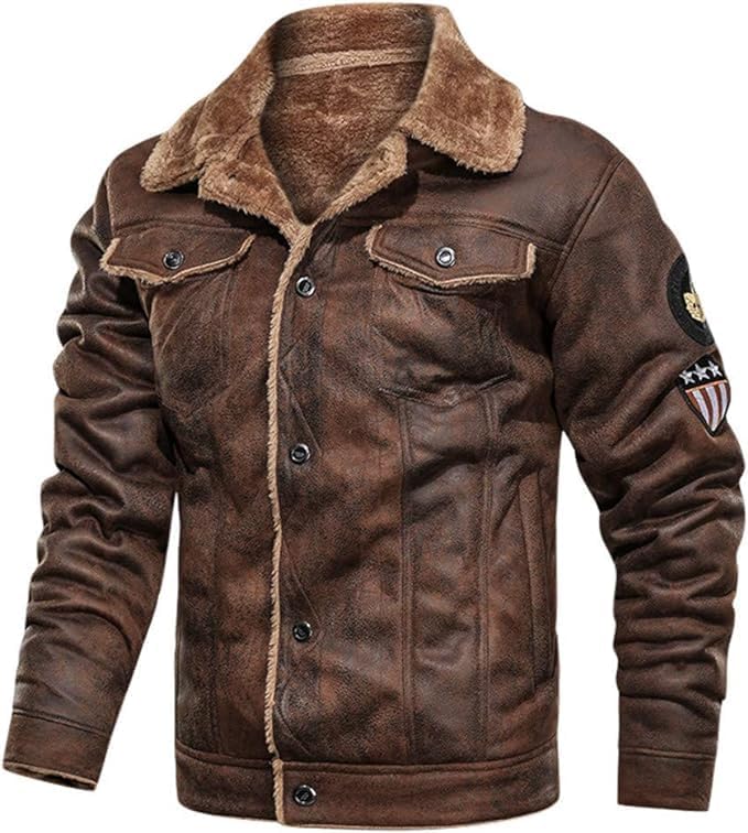Mens Faux Leather Motorcycle Jackets Fall Winter Casual Vintage Windproof Tactical Sherpa Trucker Moto Jacket Coat