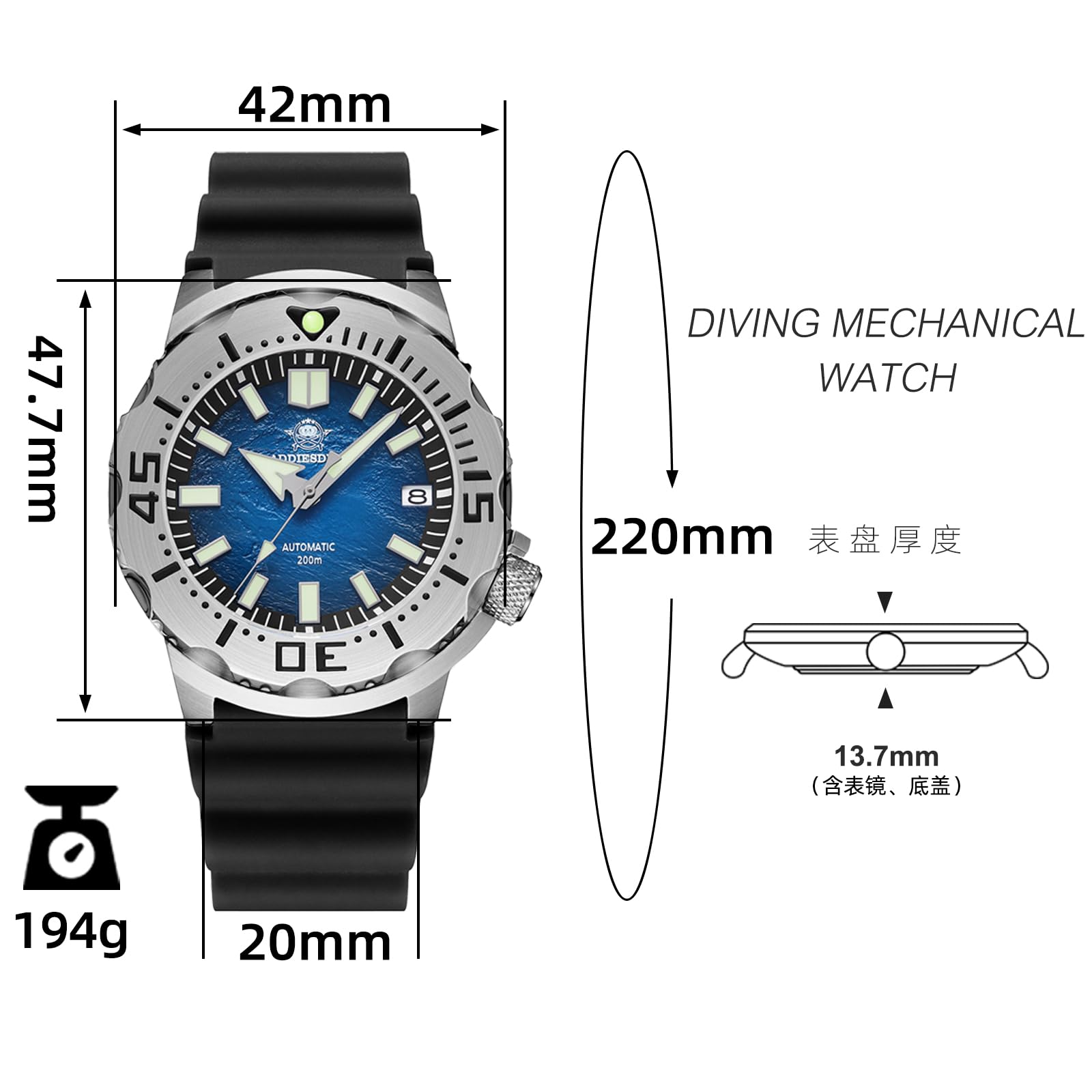 ADDIESDIVE Reloj automático de lujo para hombre NH35A reloj analógico de acero inoxidable 200M AD2047