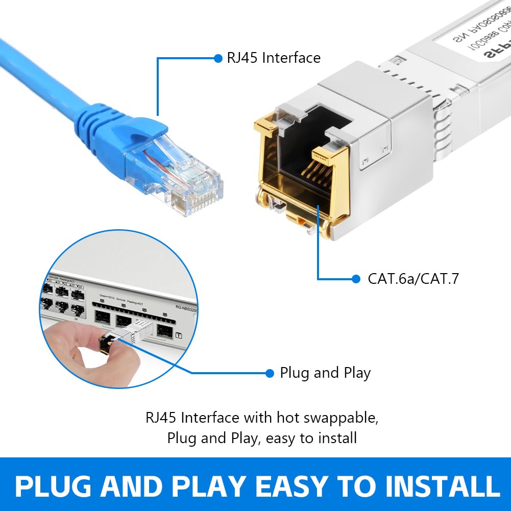 OFFCUP Module de SFP vers RJ45 en Cuivre, 10G SFP Base-T Jusqu'à 80 Mètres, Mini-GBIC Transceiver Compatible avec Cisco SFP-10G-TS Ubiquiti UF-RJ45-10G Netgear Mikrotik D-Link Supermicro