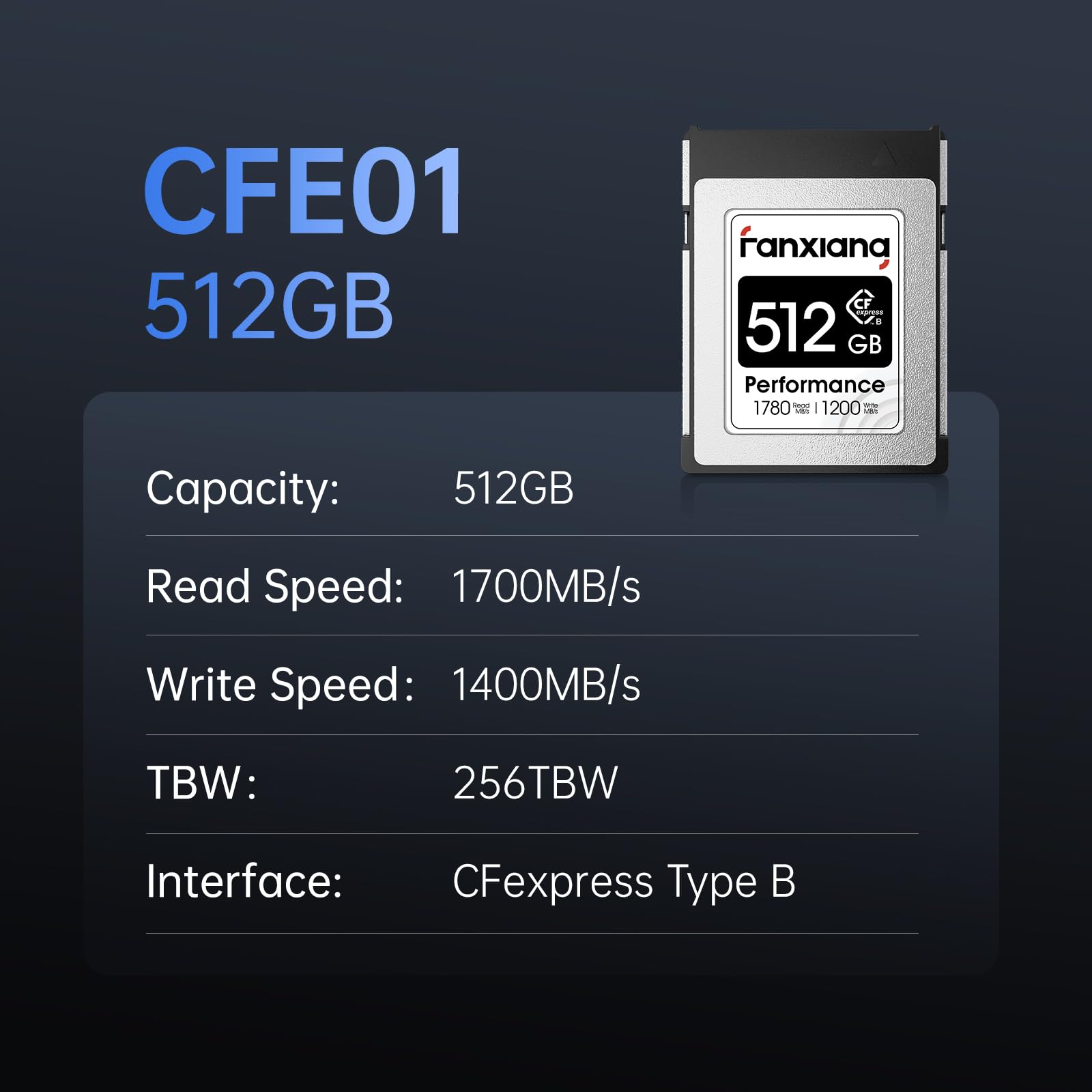 Fanxiang Carte CFexpress Type B 512Go PCIe Gen3 NVMe 1.4 1780 Mo/s CFE01
