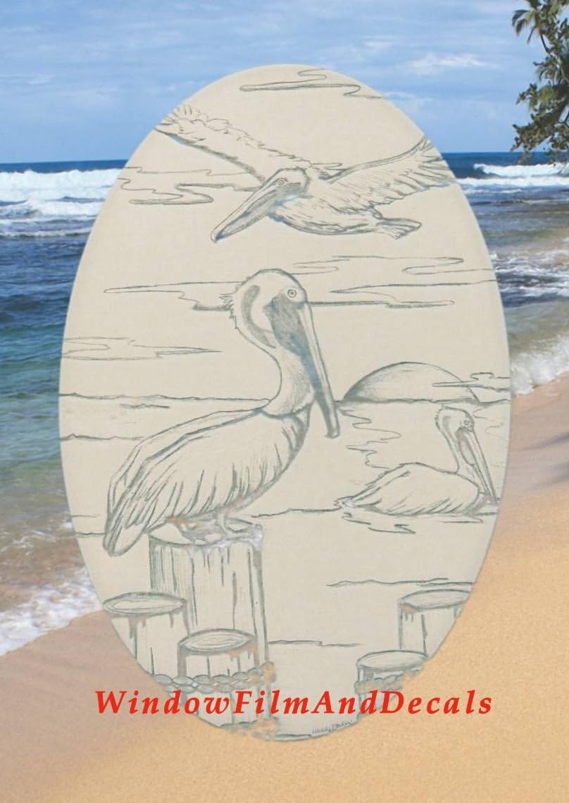 Oval Pelican Etched Window Decal Vinyl Glass Cling - 21" x 33" - White with Clear Design Elements