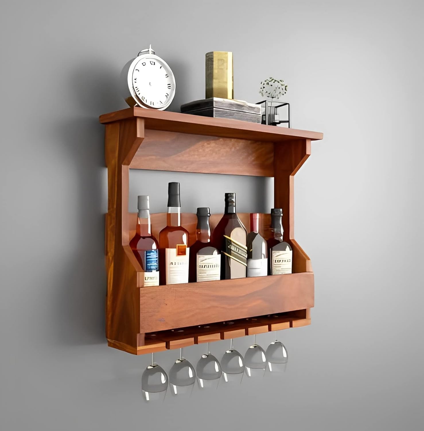 MUSTOOK Solid Sheesham Wood Jaddy Wall Hanging Mounted Wine Rack Wooden with Glass Holder,Wood Wine Glass Rack Wine Storage Rack & Glass Holder for Home Decor Kitchen Bar Cabinets Natural Finish